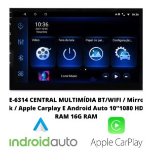 CENTRAL MULTIMÍDIA BT/WIFI / Mirror Link / Apple Carplay E Android Auto 10”1080 HD 1G RAM 16G RAM
